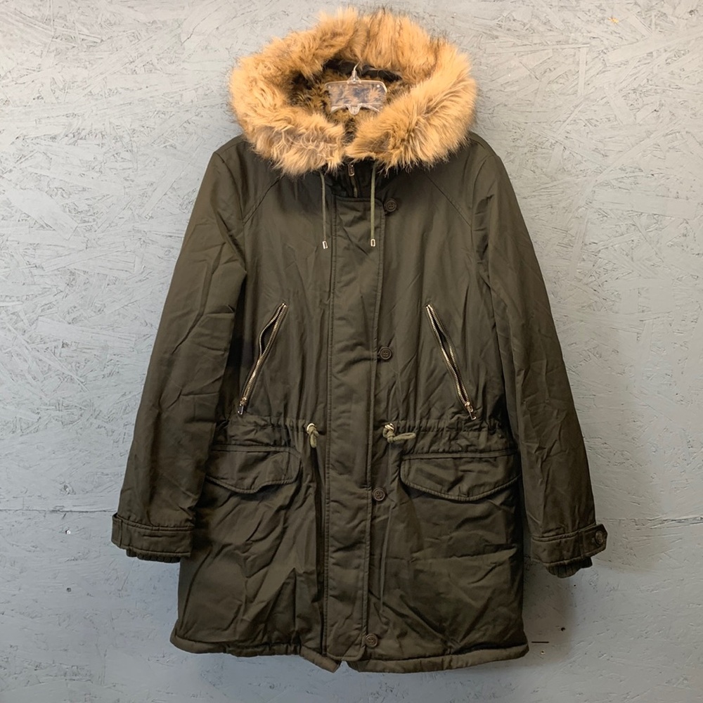 Zara Hooded Heavy Parka Women’s L Olive Green Faux Leopard Fur Trim Winter Parka